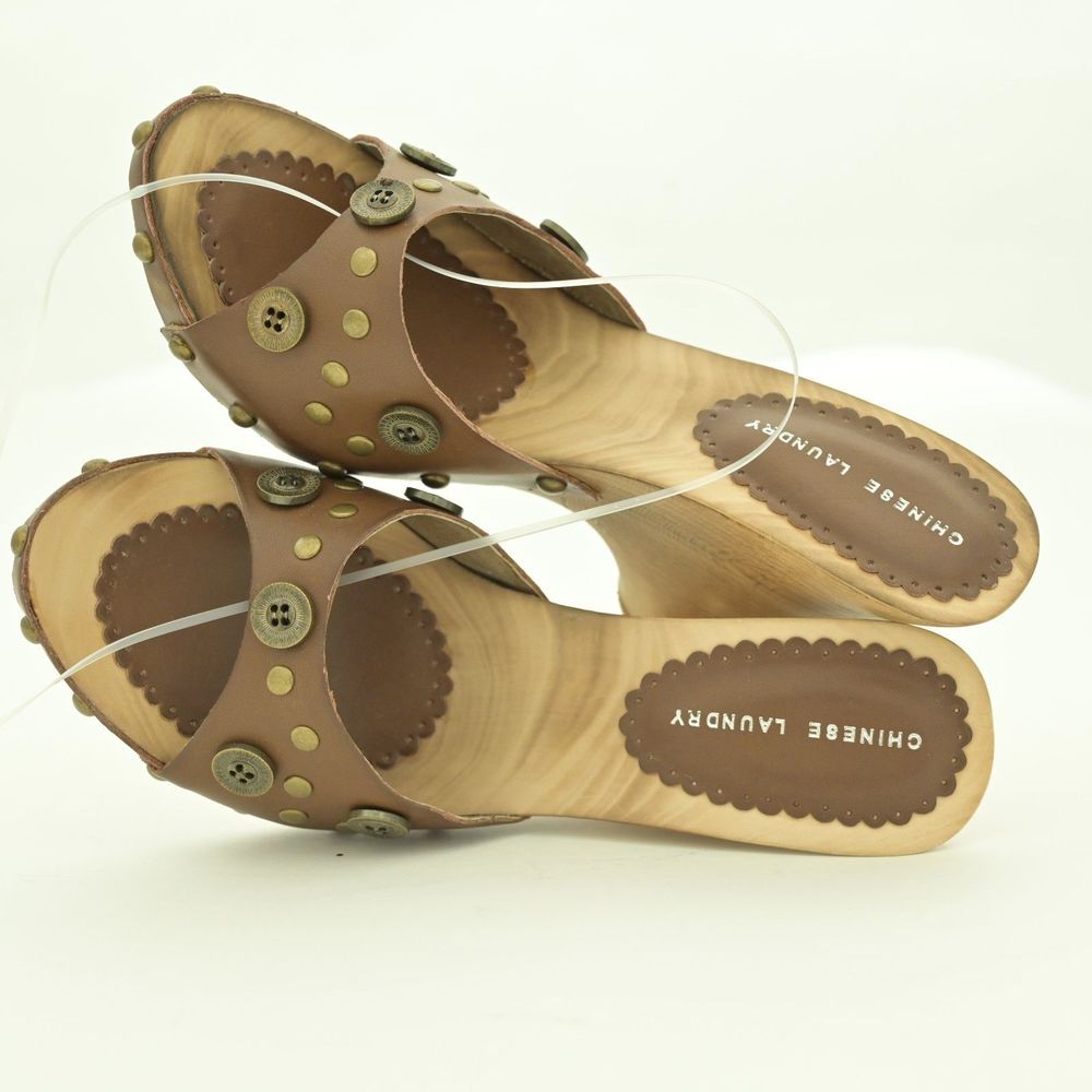 Chinese Laundry Elise Wood and Leather Clogs Mules Sandals Size 7M